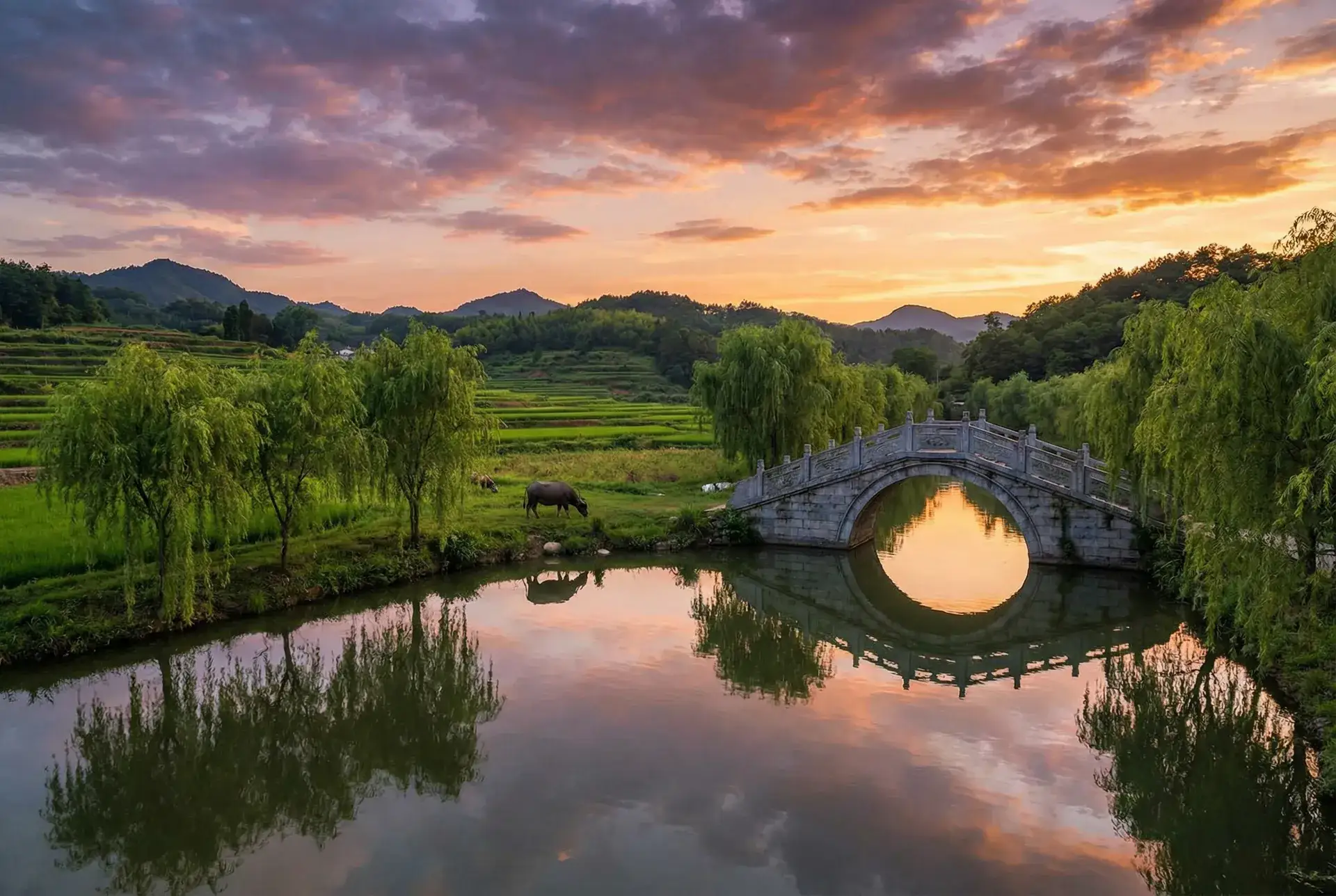夕阳下的石拱桥与垂柳，水牛在河边吃草 - 18980日元 乡村美景